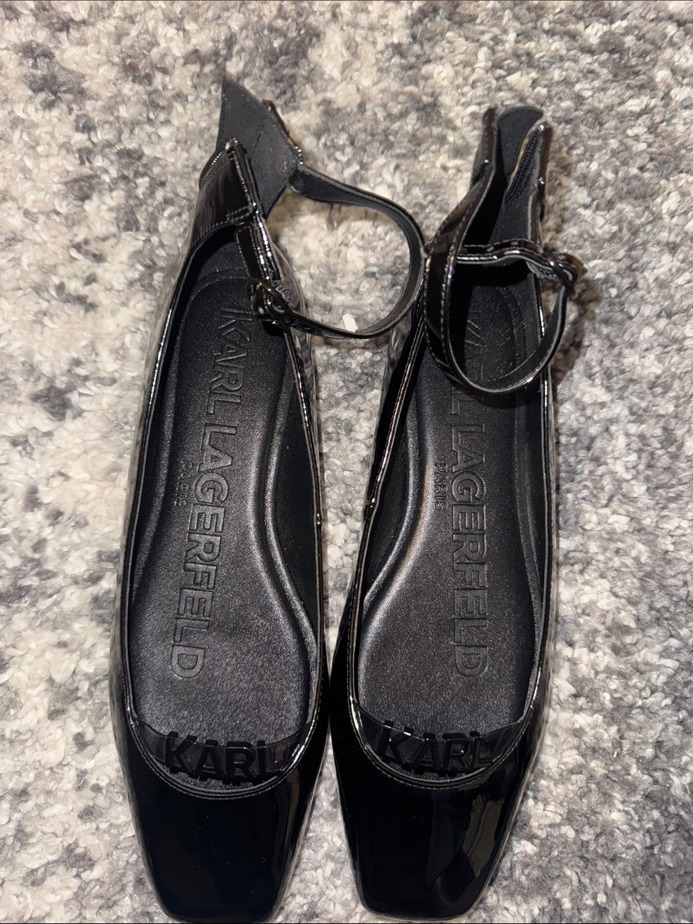 Karl Lagerfeld Black Patent Square-Toe Ankle-Strap Flats